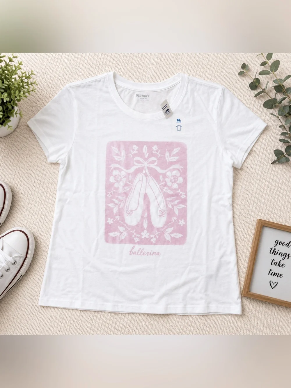 Old Navy White Tee with Pink Ballerina Graphic